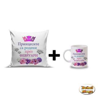 Промо комплект "Принцесите са родени през ФЕВРУАРИ!" (възгл. и чаша)